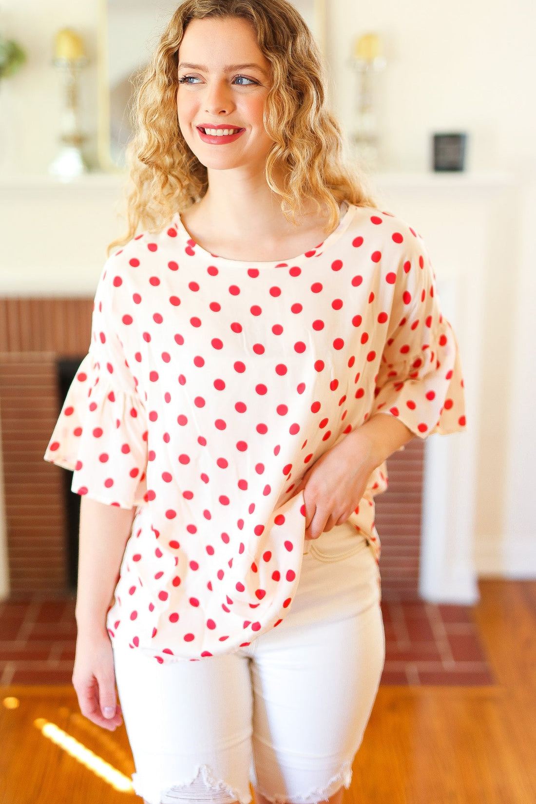 Pink Polka Dot Bell Sleeve Blouse