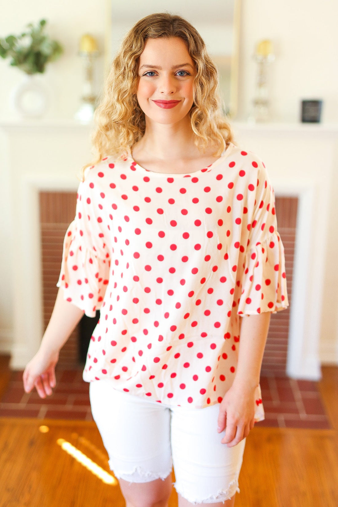 Pink Polka Dot Bell Sleeve Blouse