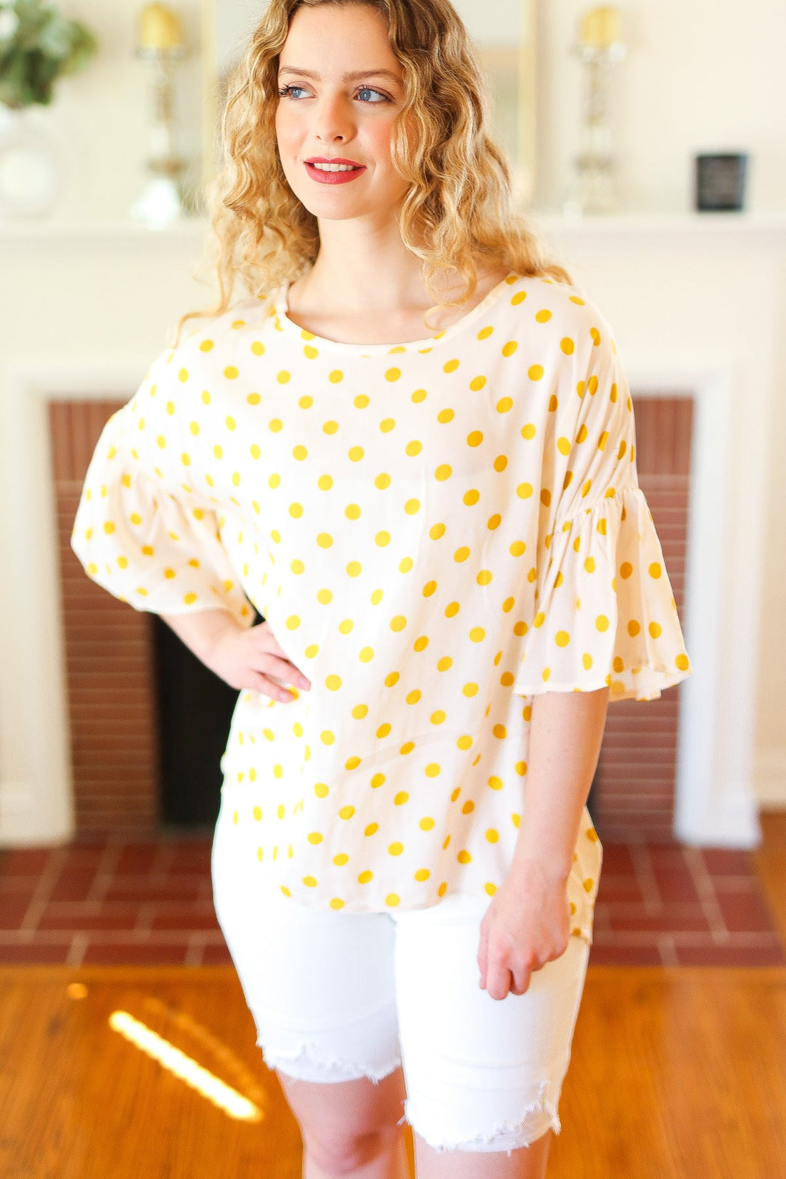 Mustard Polka Dot Bell Sleeve Blouse