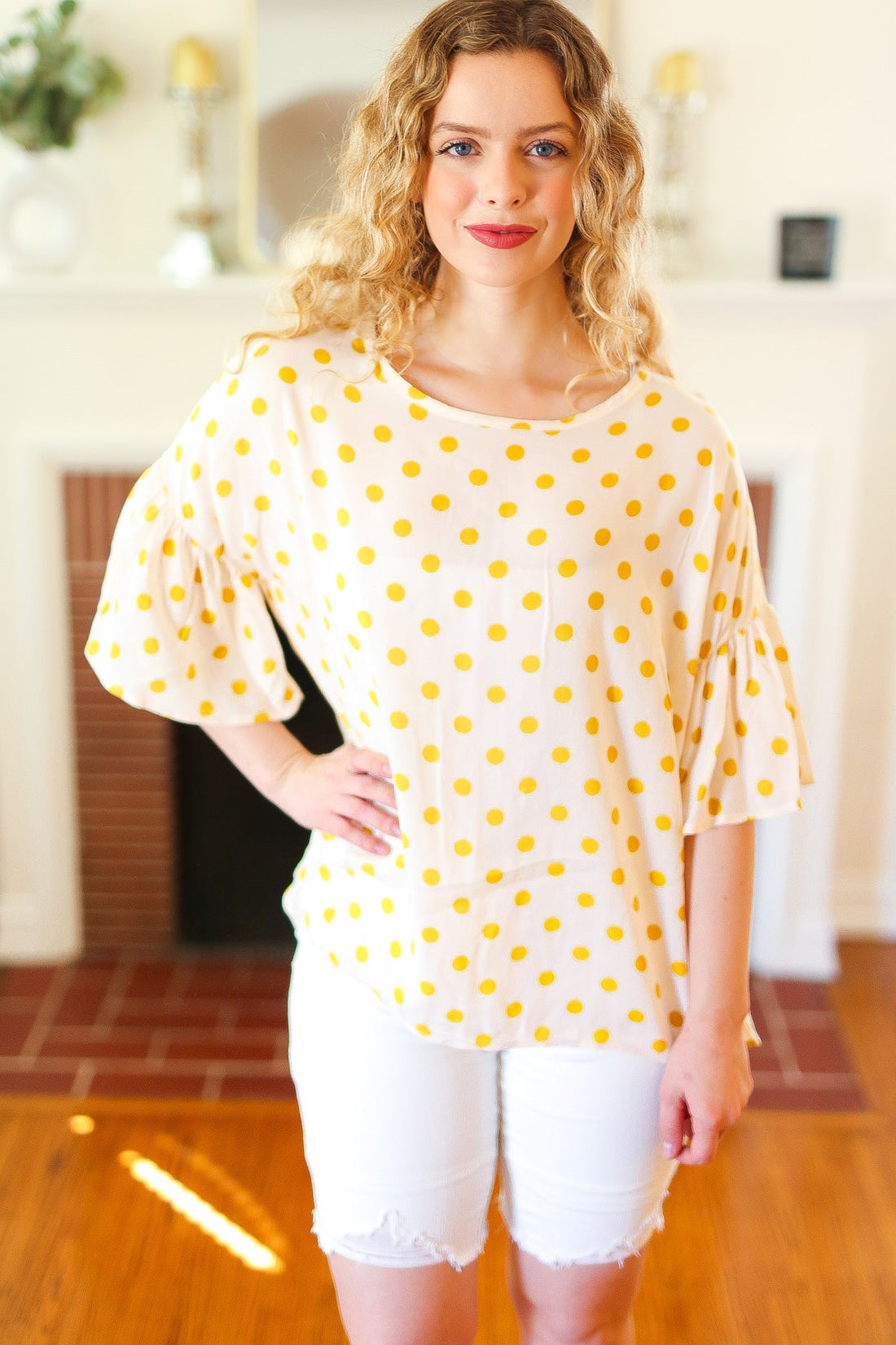 Mustard Polka Dot Bell Sleeve Blouse