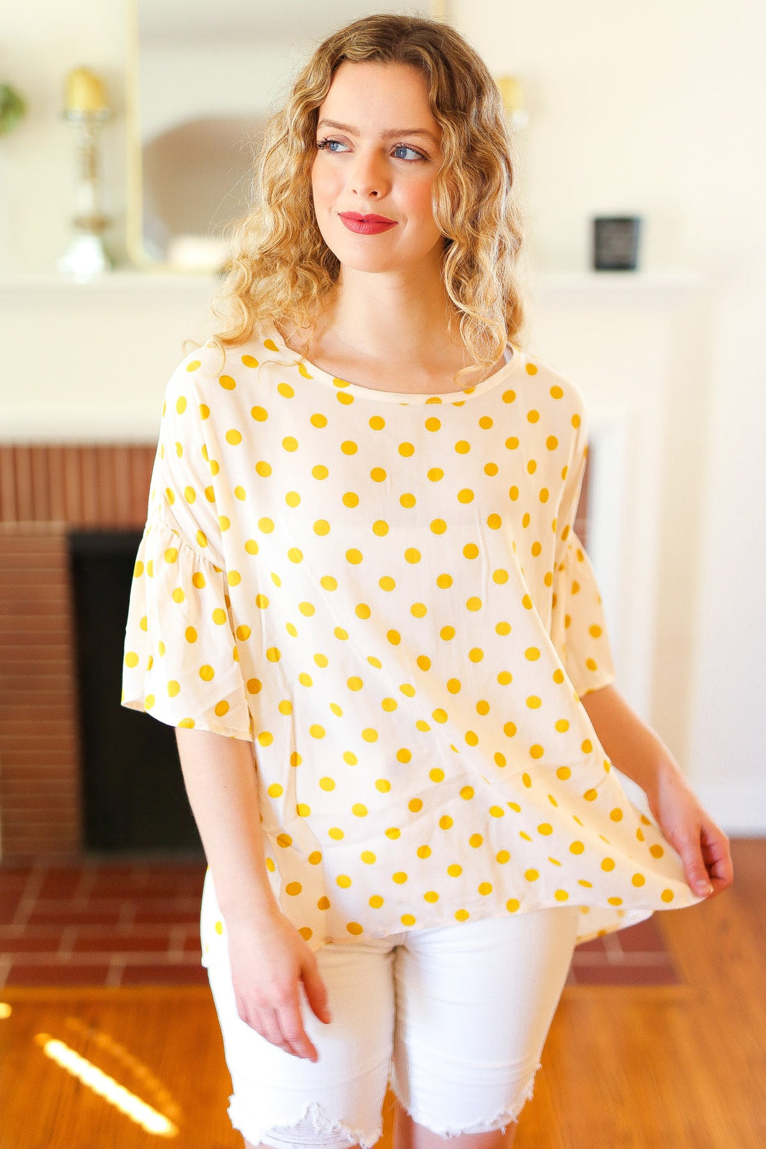 Mustard Polka Dot Bell Sleeve Blouse