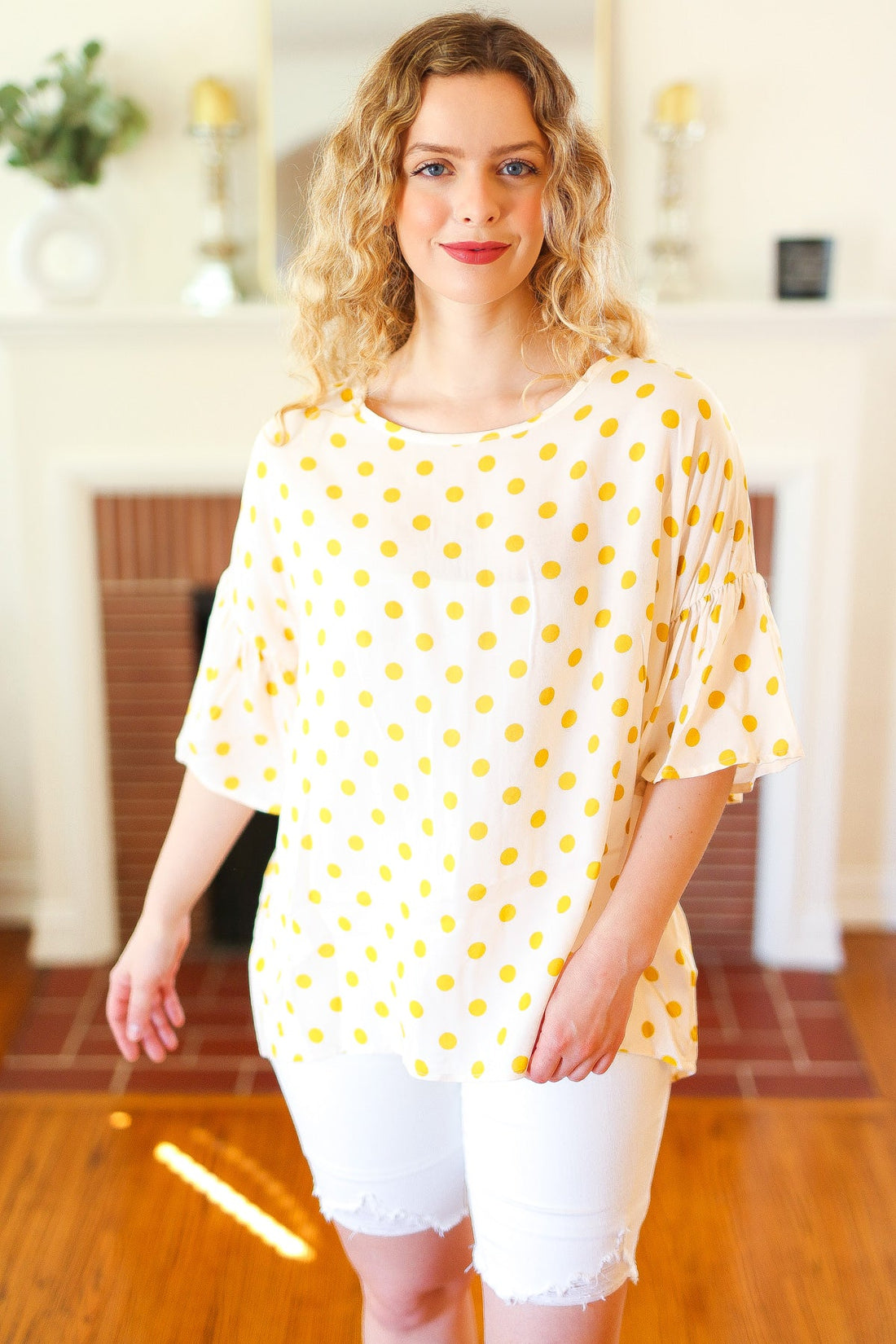 Mustard Polka Dot Bell Sleeve Blouse