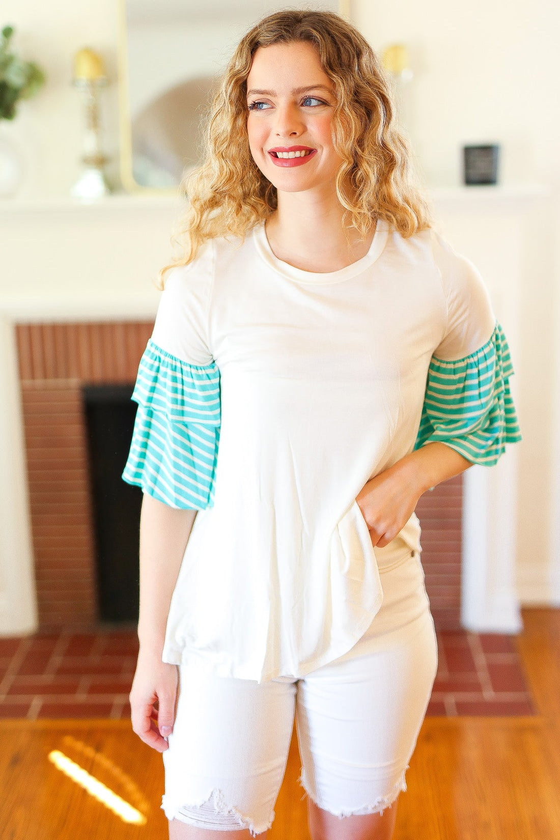 Teal Stripe Ruffle Sleeve Blouse