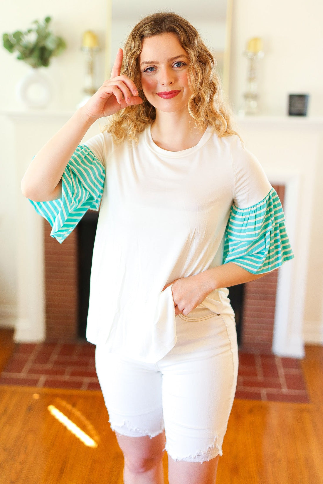 Teal Stripe Ruffle Sleeve Blouse