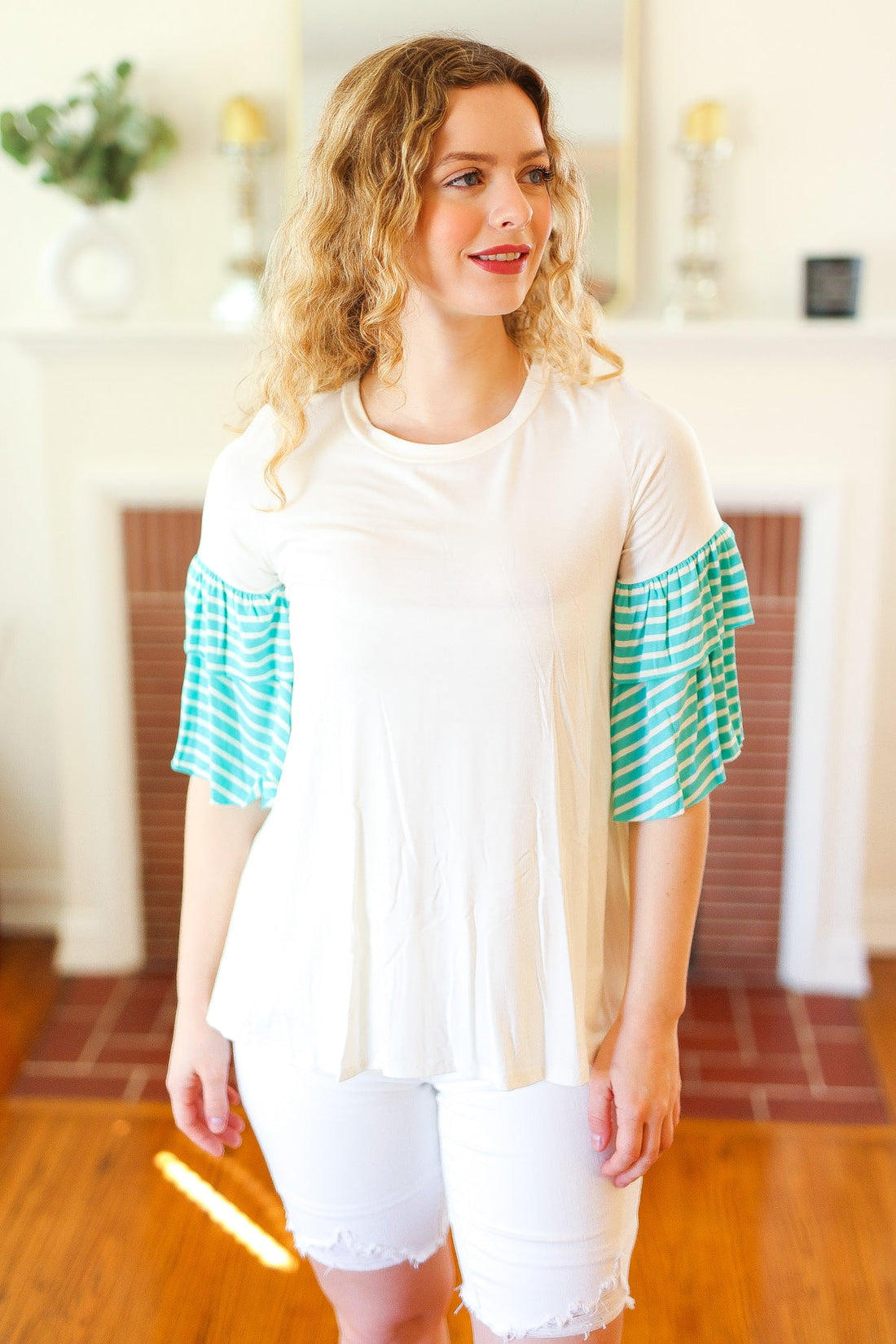 Teal Stripe Ruffle Sleeve Blouse