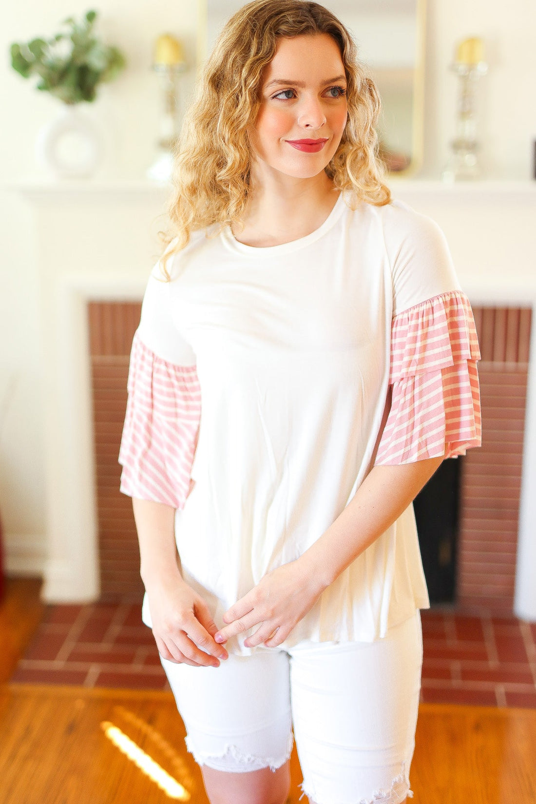 Pink Stripe Ruffle Sleeve Blouse