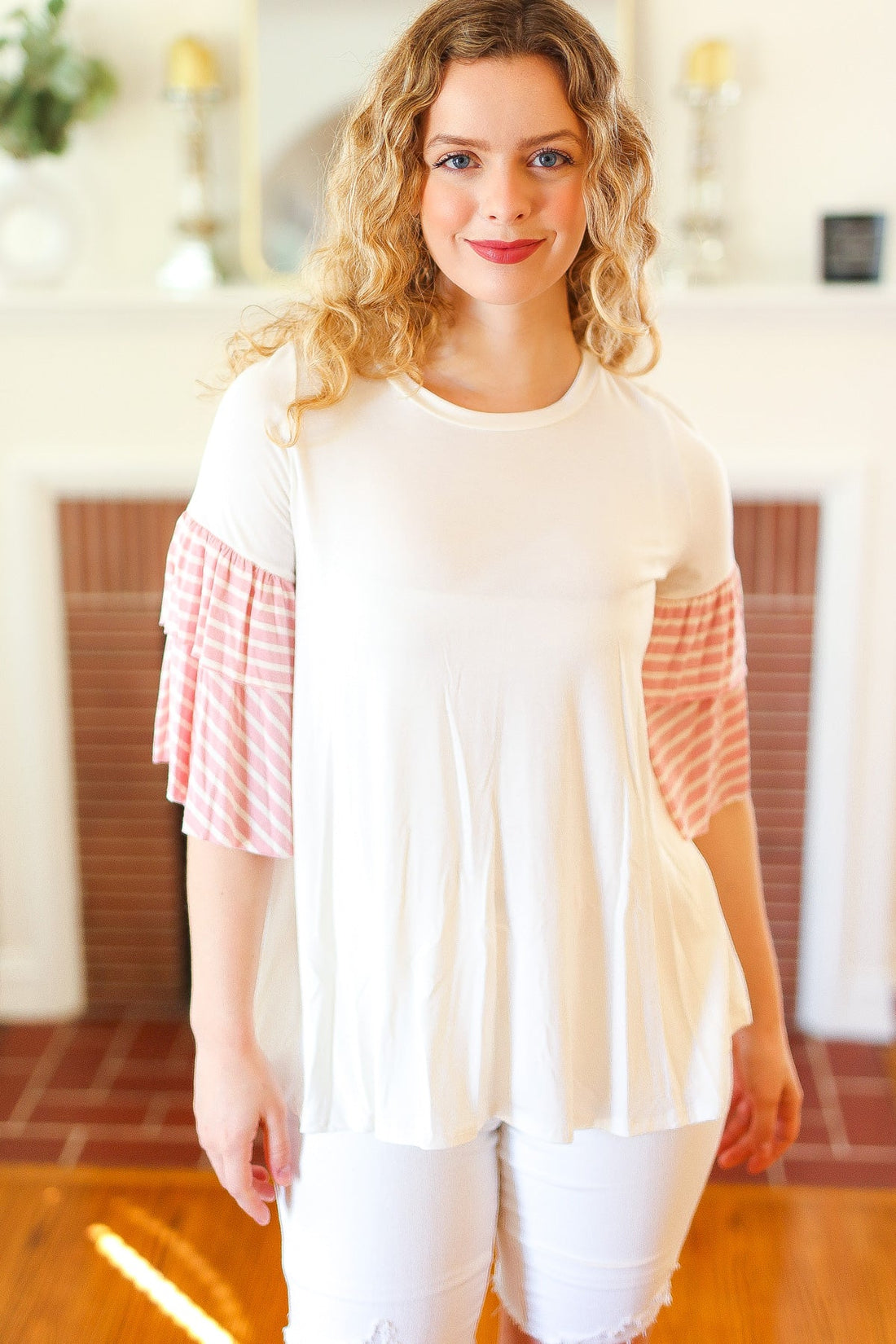 Pink Stripe Ruffle Sleeve Blouse