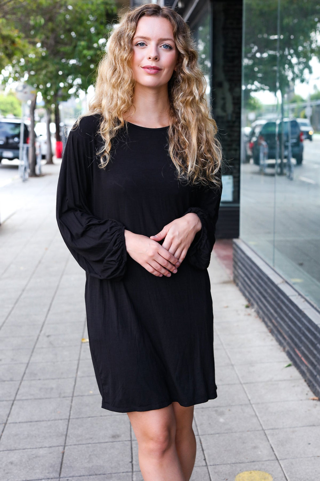 Black Bubble Sleeve Pocketed Dress