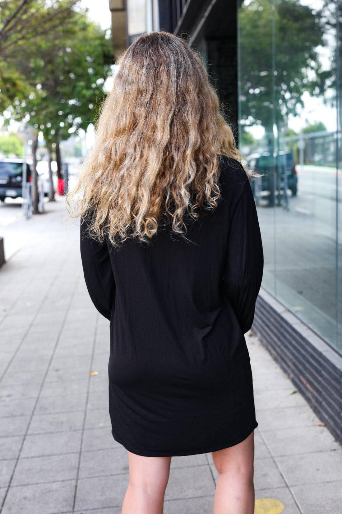 Black Bubble Sleeve Pocketed Dress