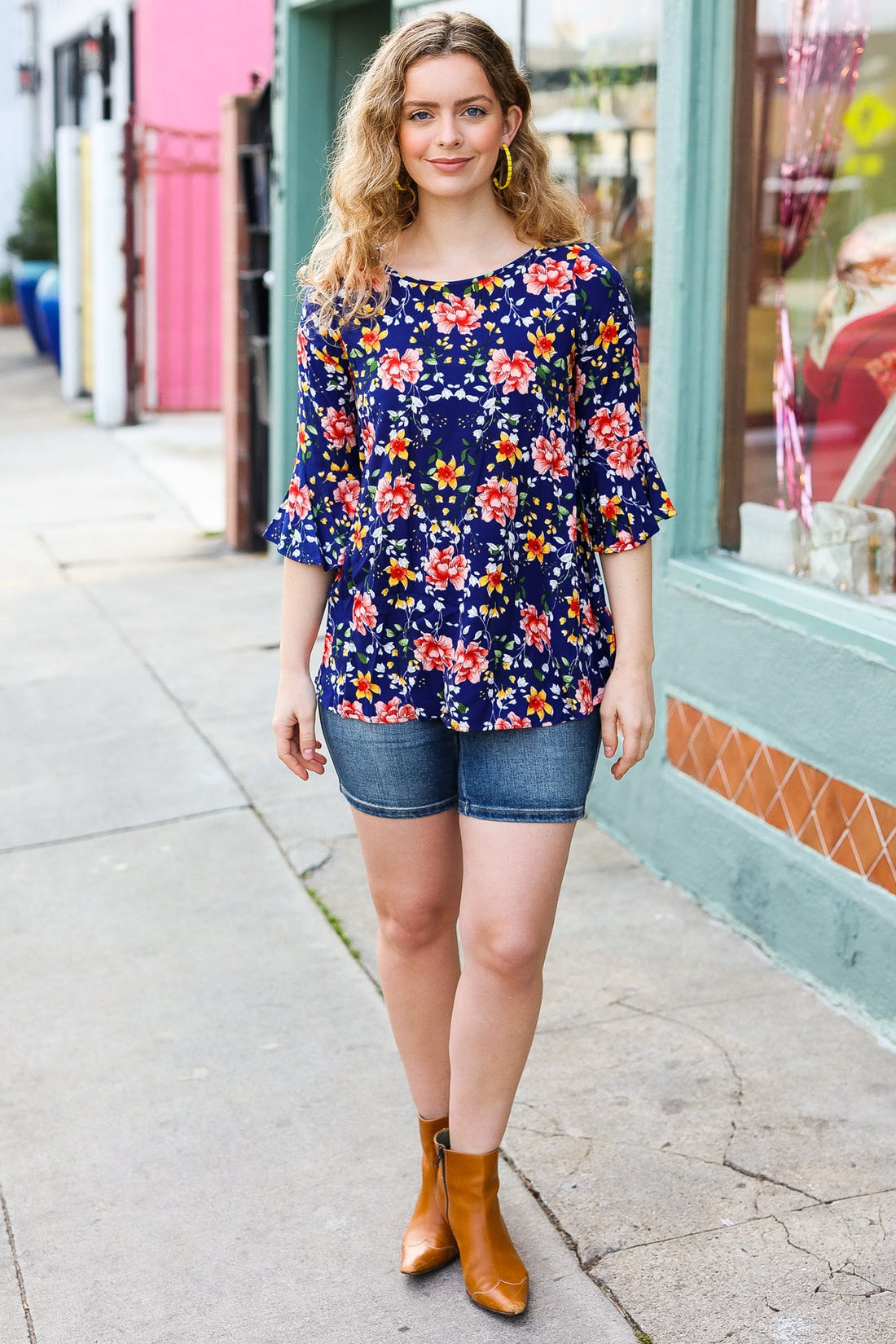 Blue Floral Print Bell Sleeve Top