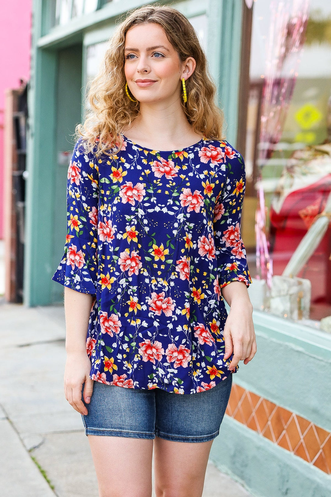 Blue Floral Print Bell Sleeve Top