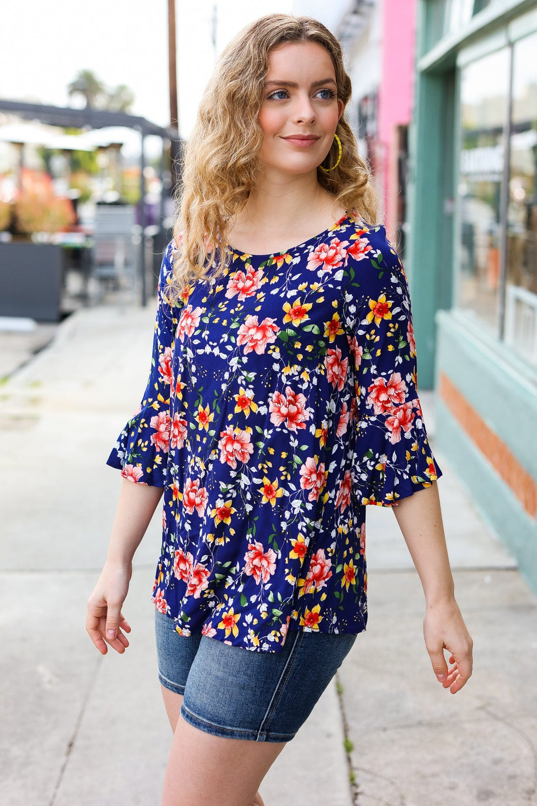 Blue Floral Print Bell Sleeve Top