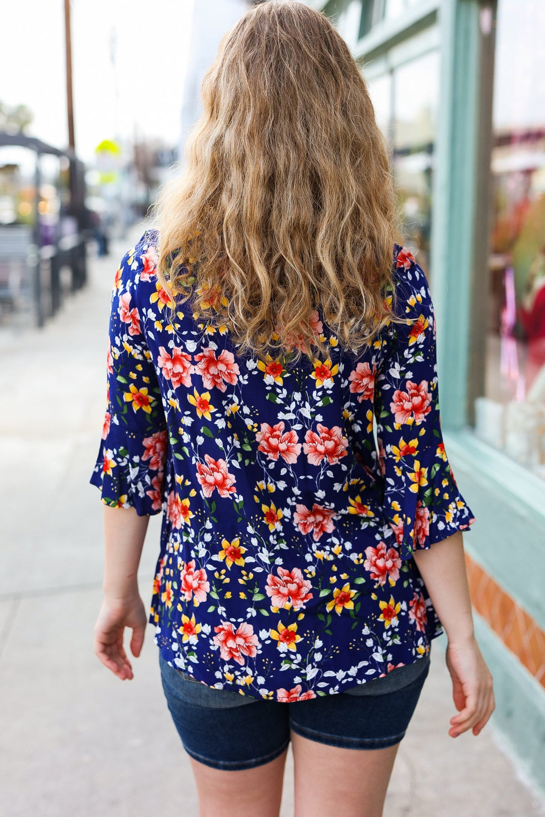 Blue Floral Print Bell Sleeve Top