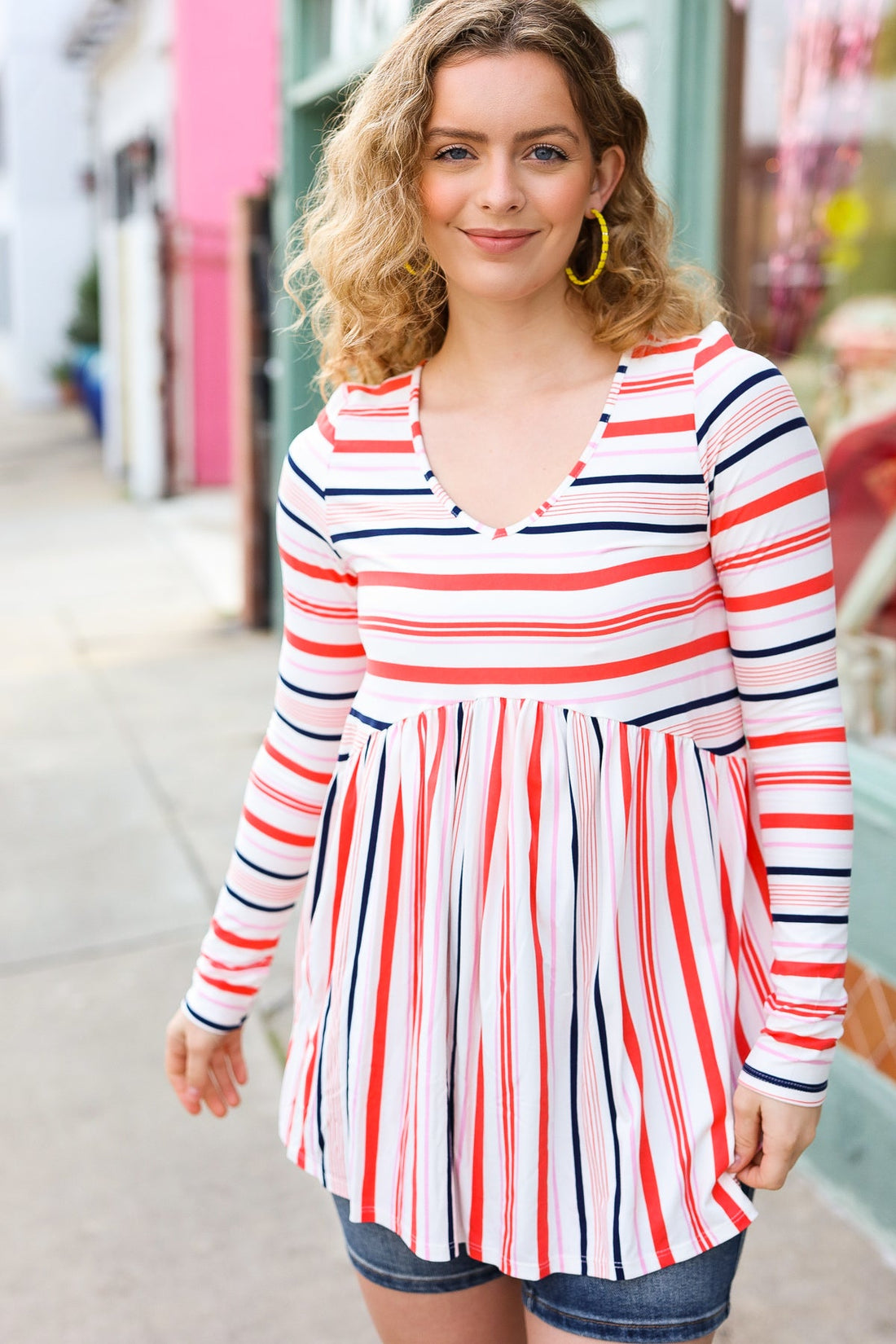 Coral Multi Stripe Babydoll Top