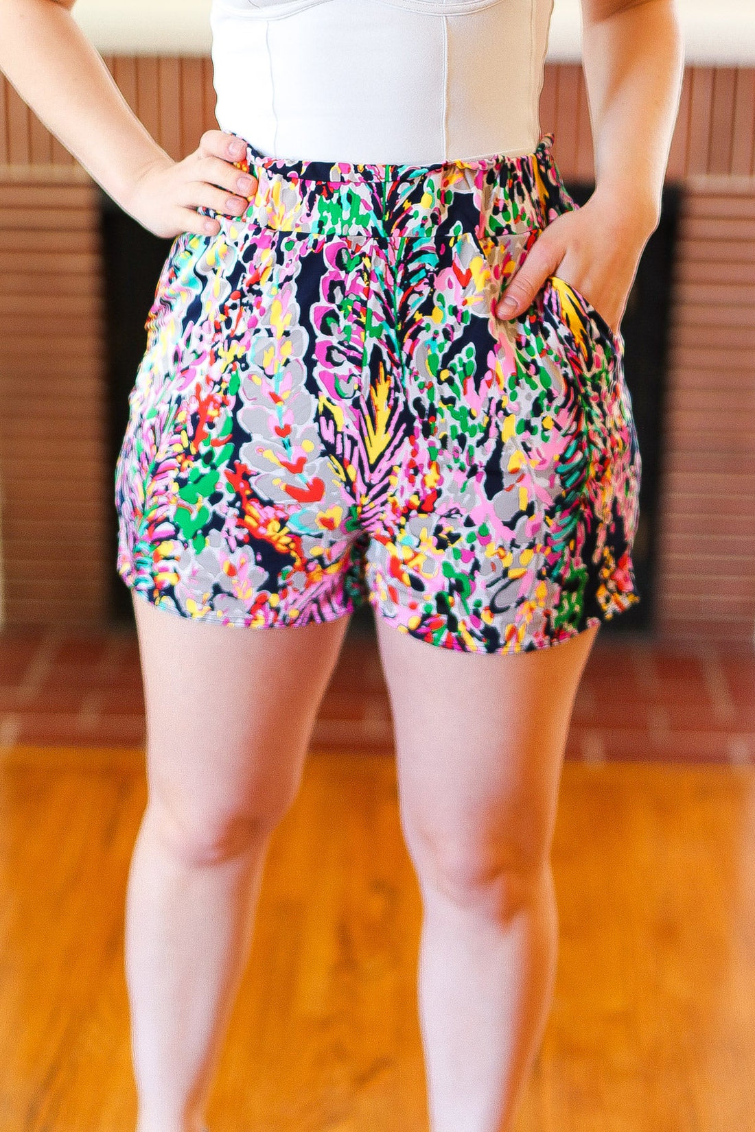 Navy Vibrant Print Pocketed Shorts