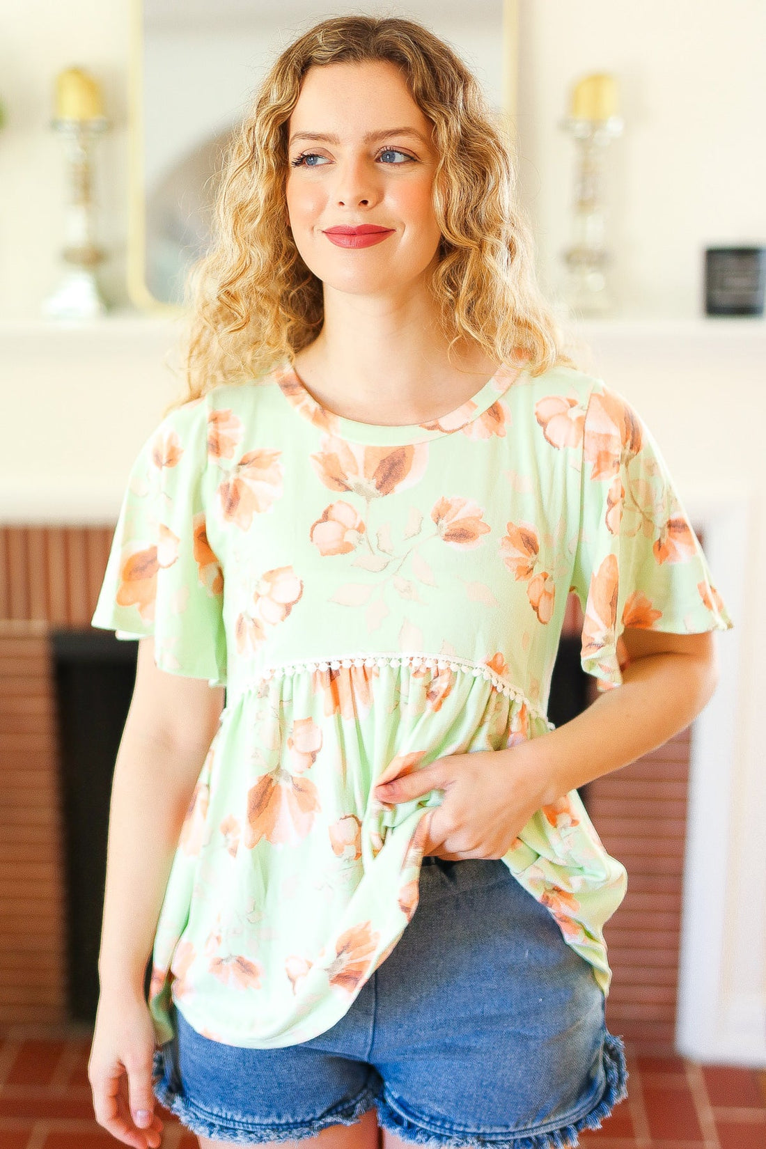 Pale Green Floral Crochet Detail Blouse