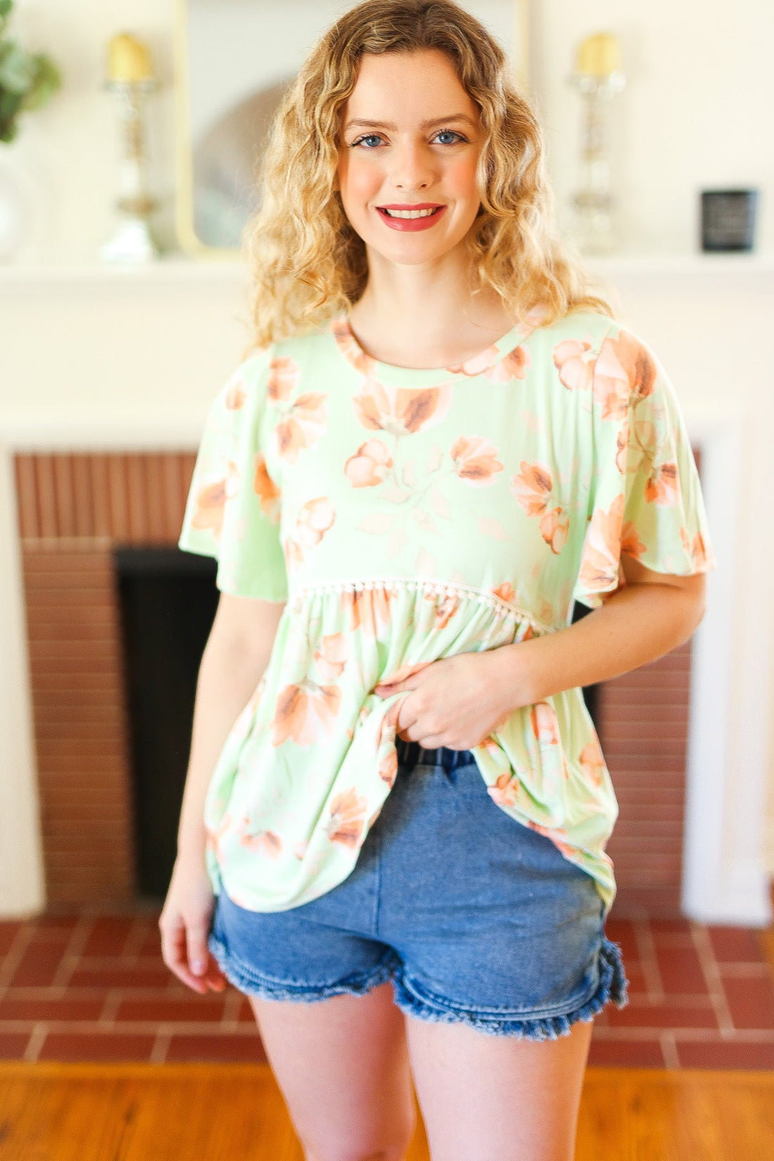 Pale Green Floral Crochet Detail Blouse