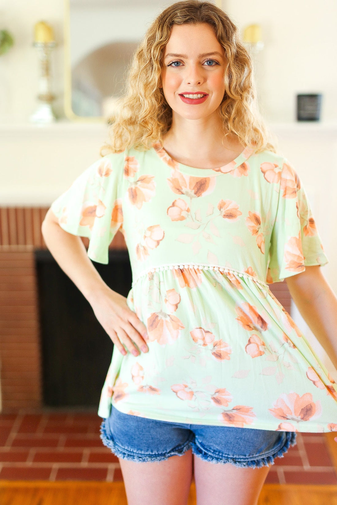 Pale Green Floral Crochet Detail Blouse