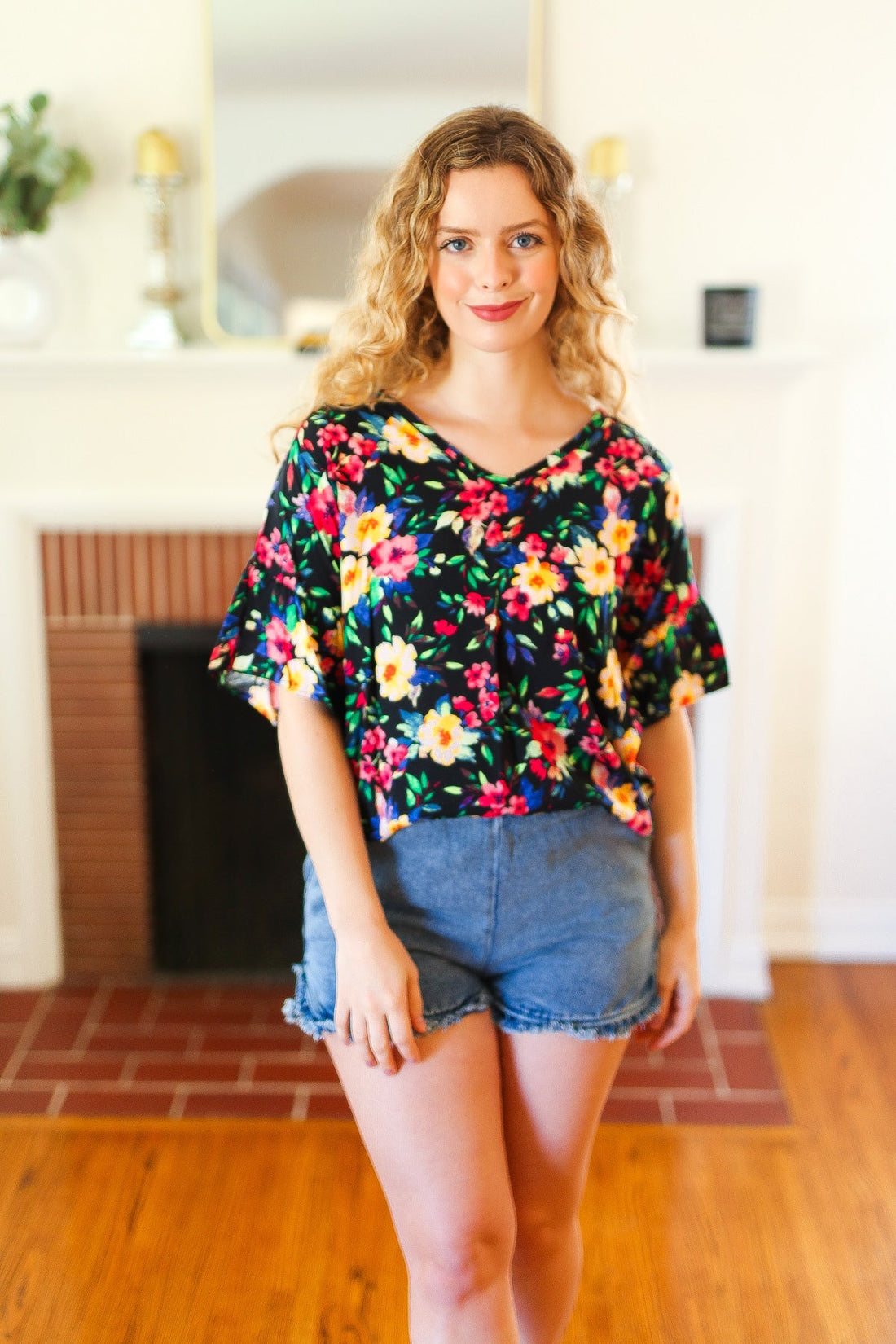 Plus Black Floral Bell Sleeve Blouse