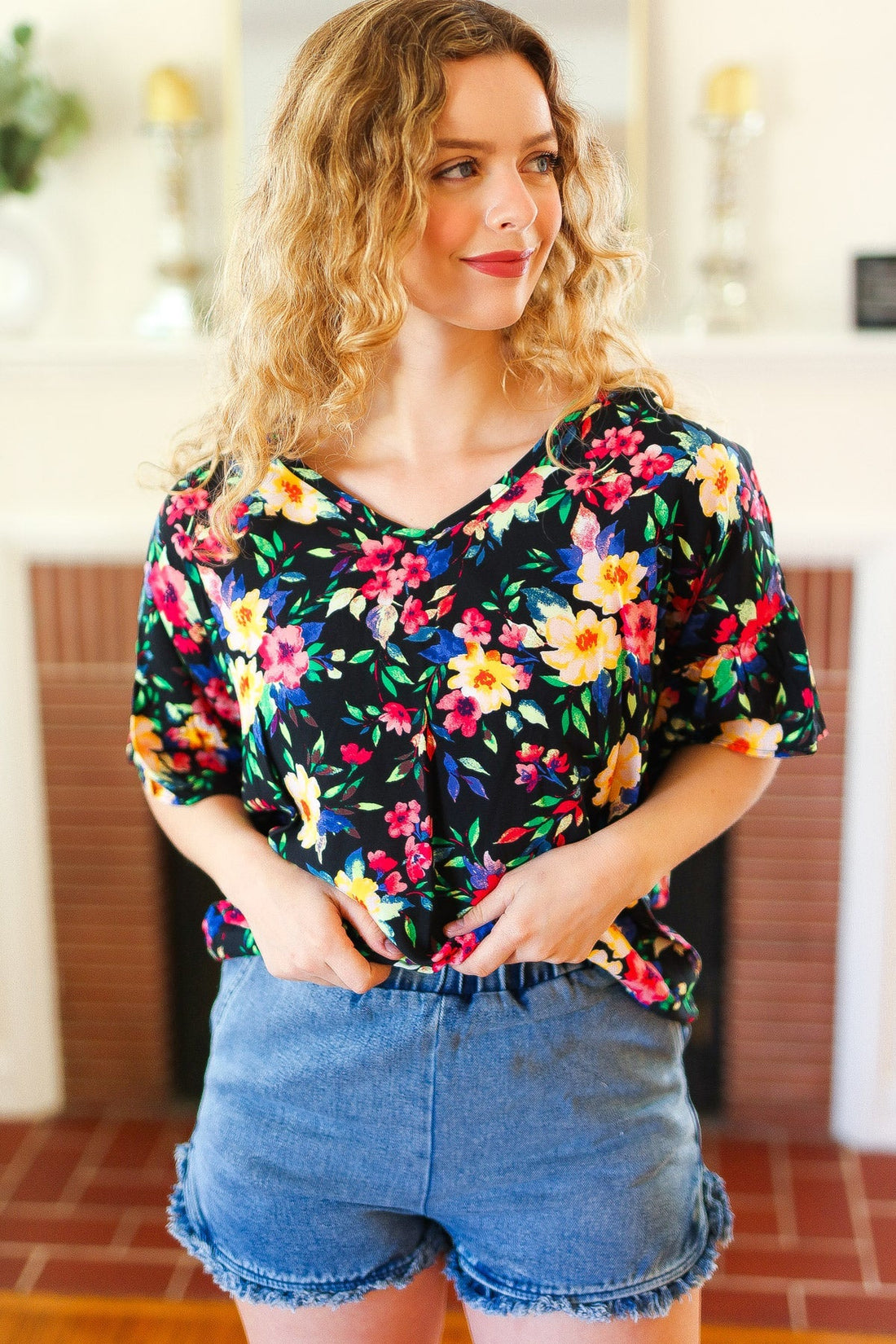 Plus Black Floral Bell Sleeve Blouse