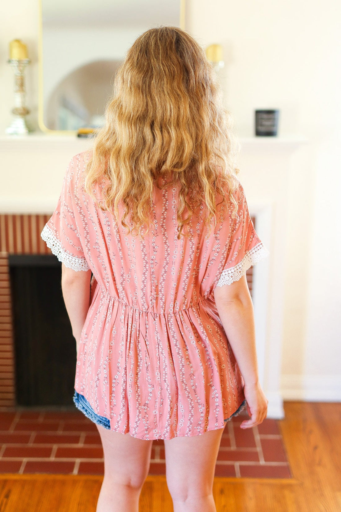 Coral Floral Rayon Challis Short Sleeve Blouse Top