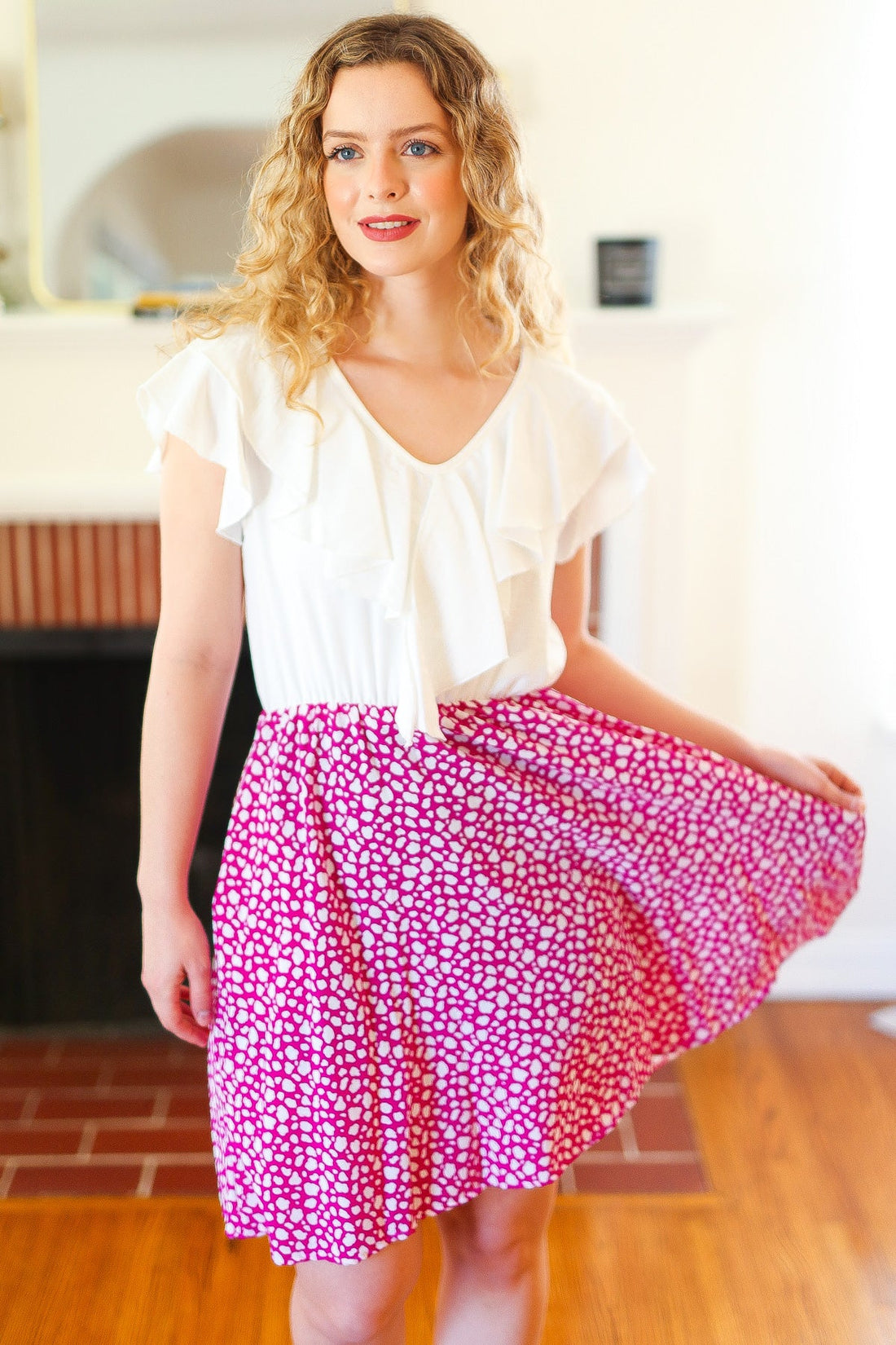 Ruffle V Neck Frill Leopard Skirt Side Pockets