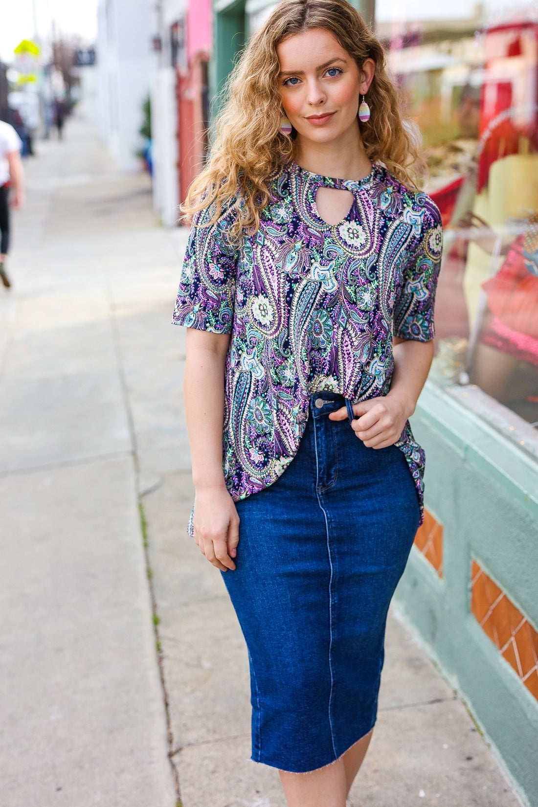 Plus Black Paisley Print Key Hole Top