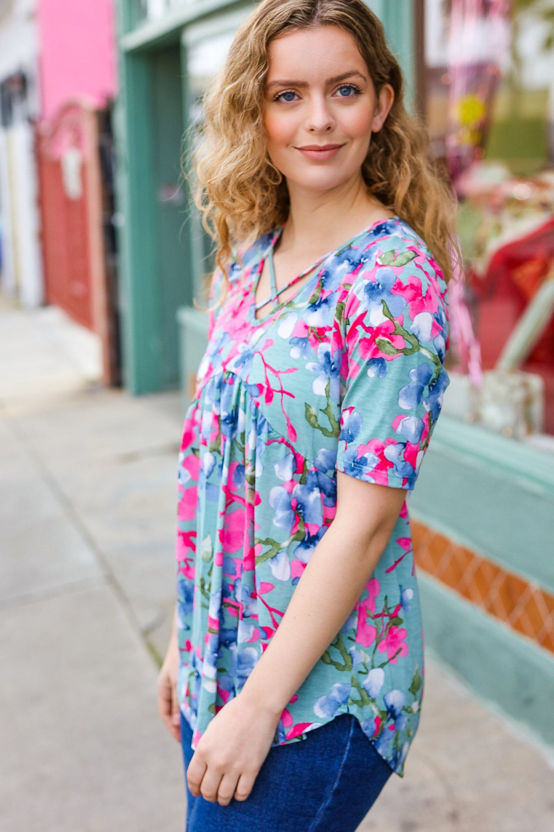 Sage Floral Print Criss Cross Front Top