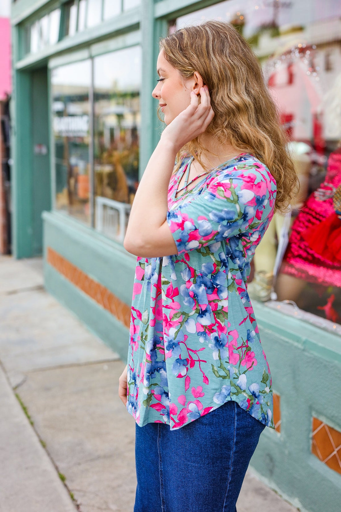 Sage Floral Print Criss Cross Front Top