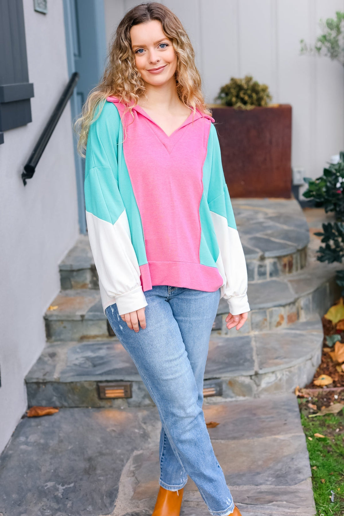 Stand Out Hot Pink & Mint V Neck Collared Terry Color Block Top (Open Pack)