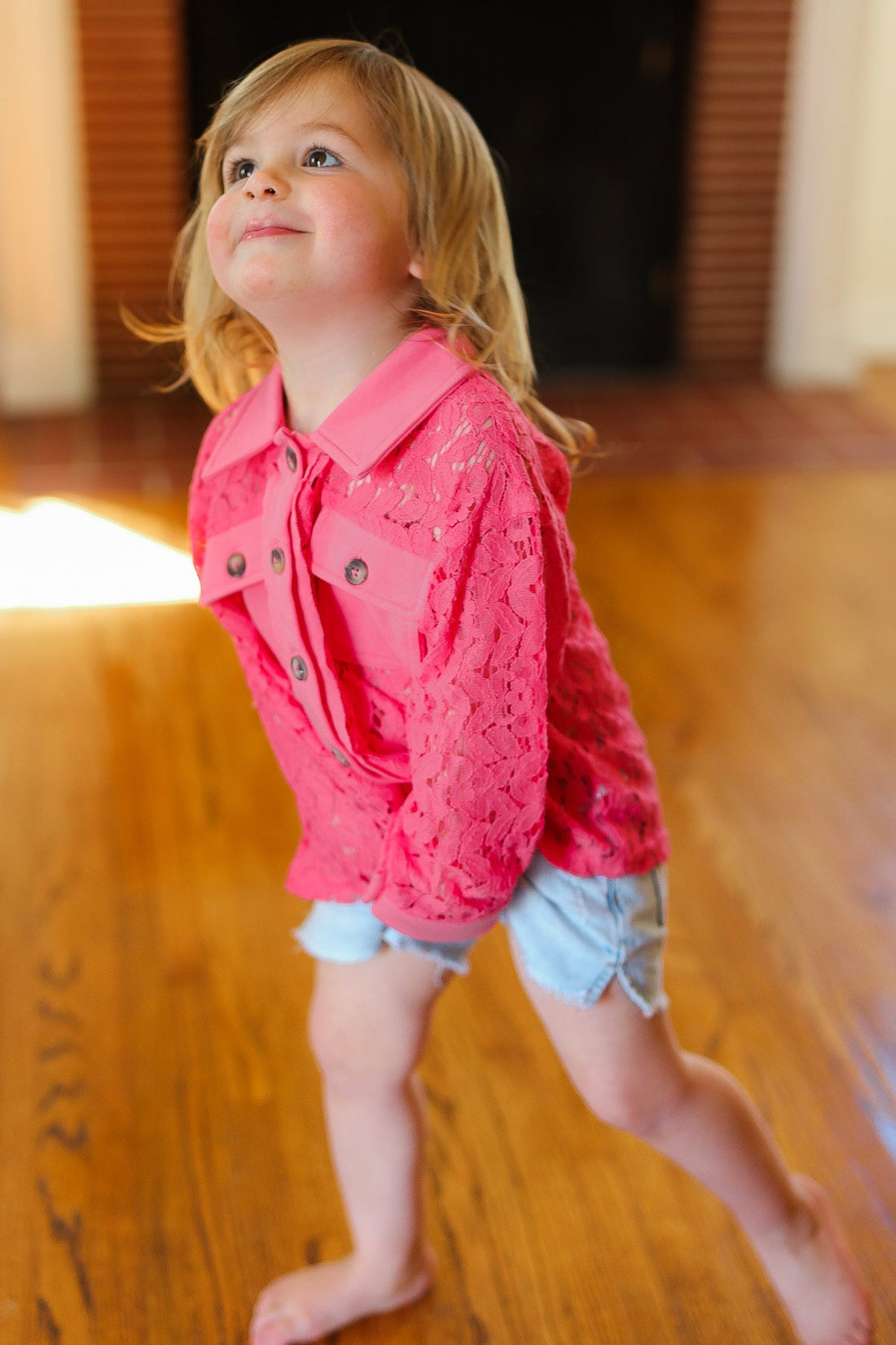 Kids Pink Lace Front Pocketed Jacket