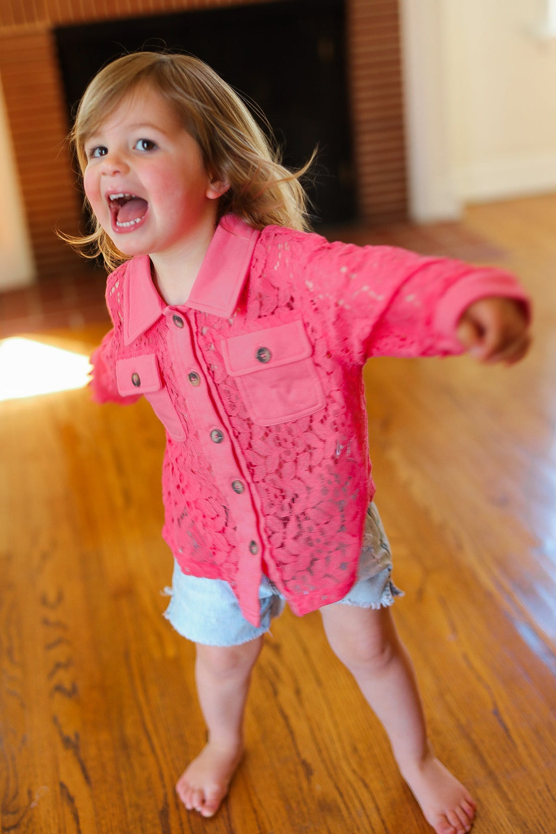 Kids Pink Lace Front Pocketed Jacket