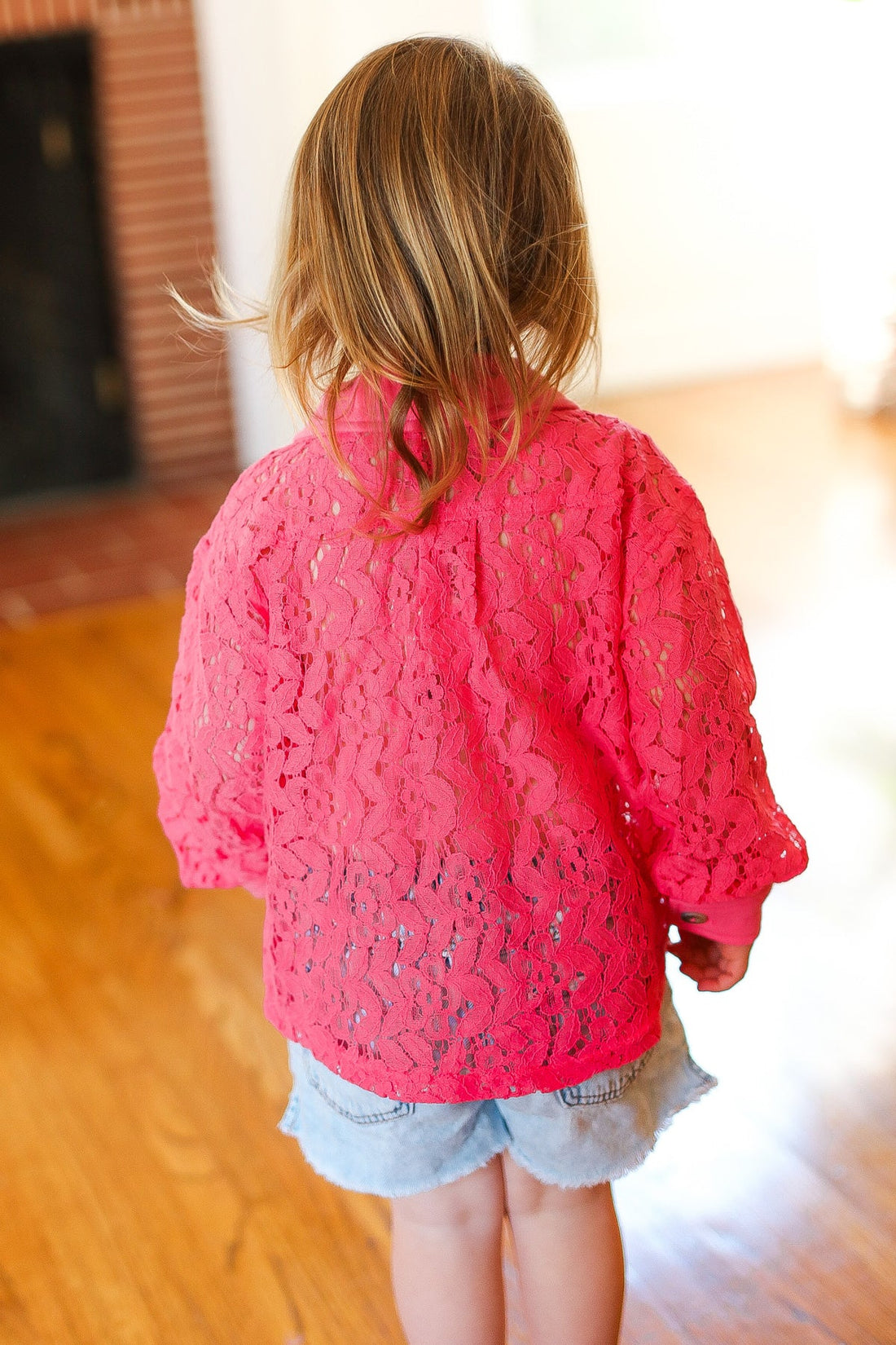 Kids Pink Lace Front Pocketed Jacket