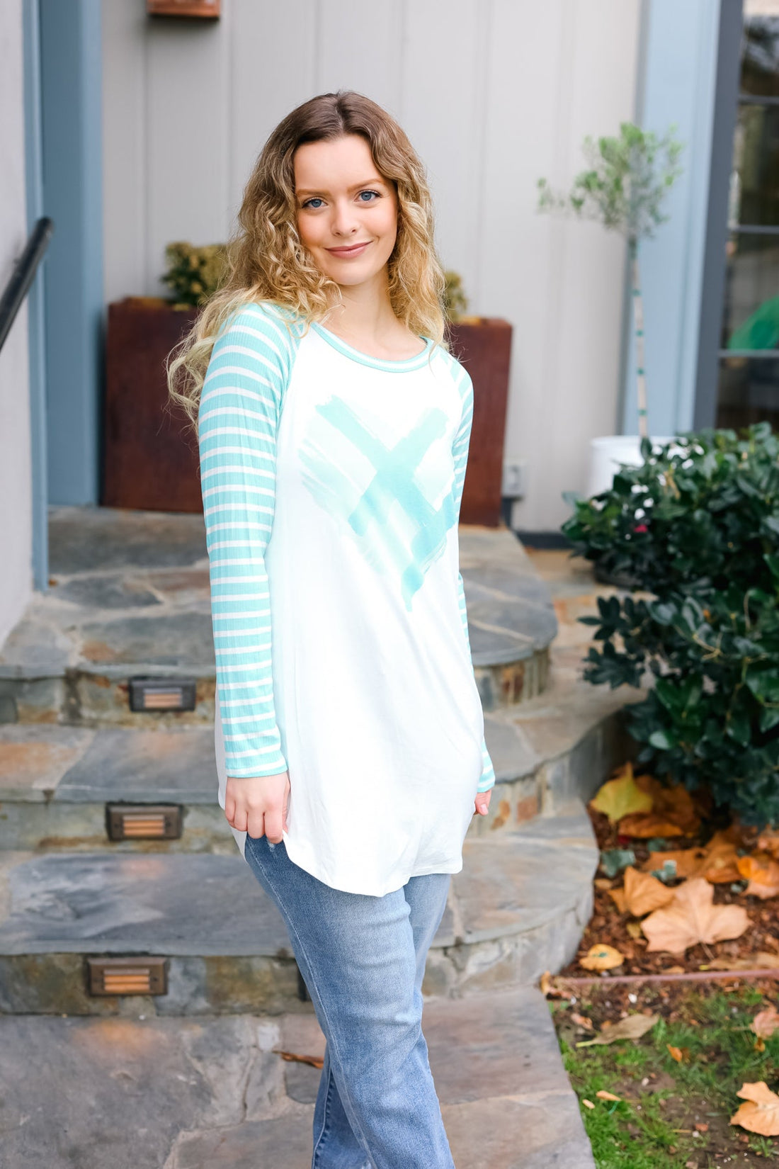 Ivory Mint Heart Printed Raglan Top