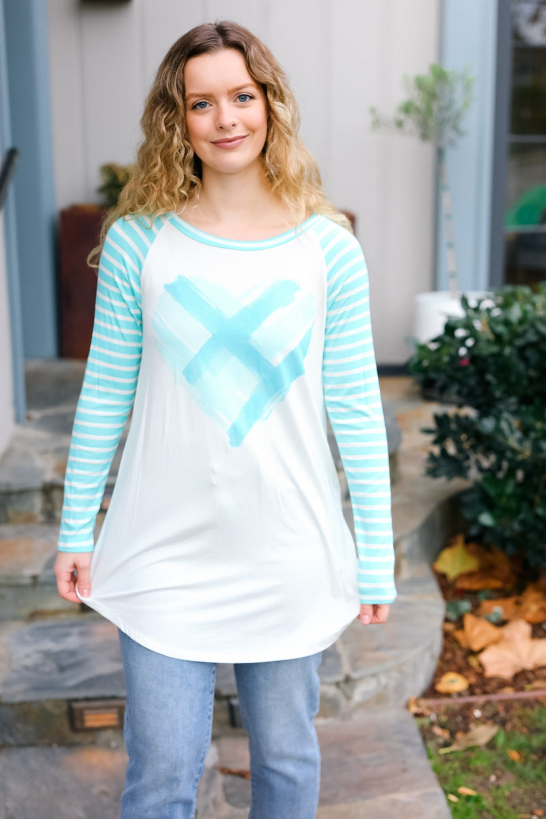 Ivory Mint Heart Printed Raglan Top