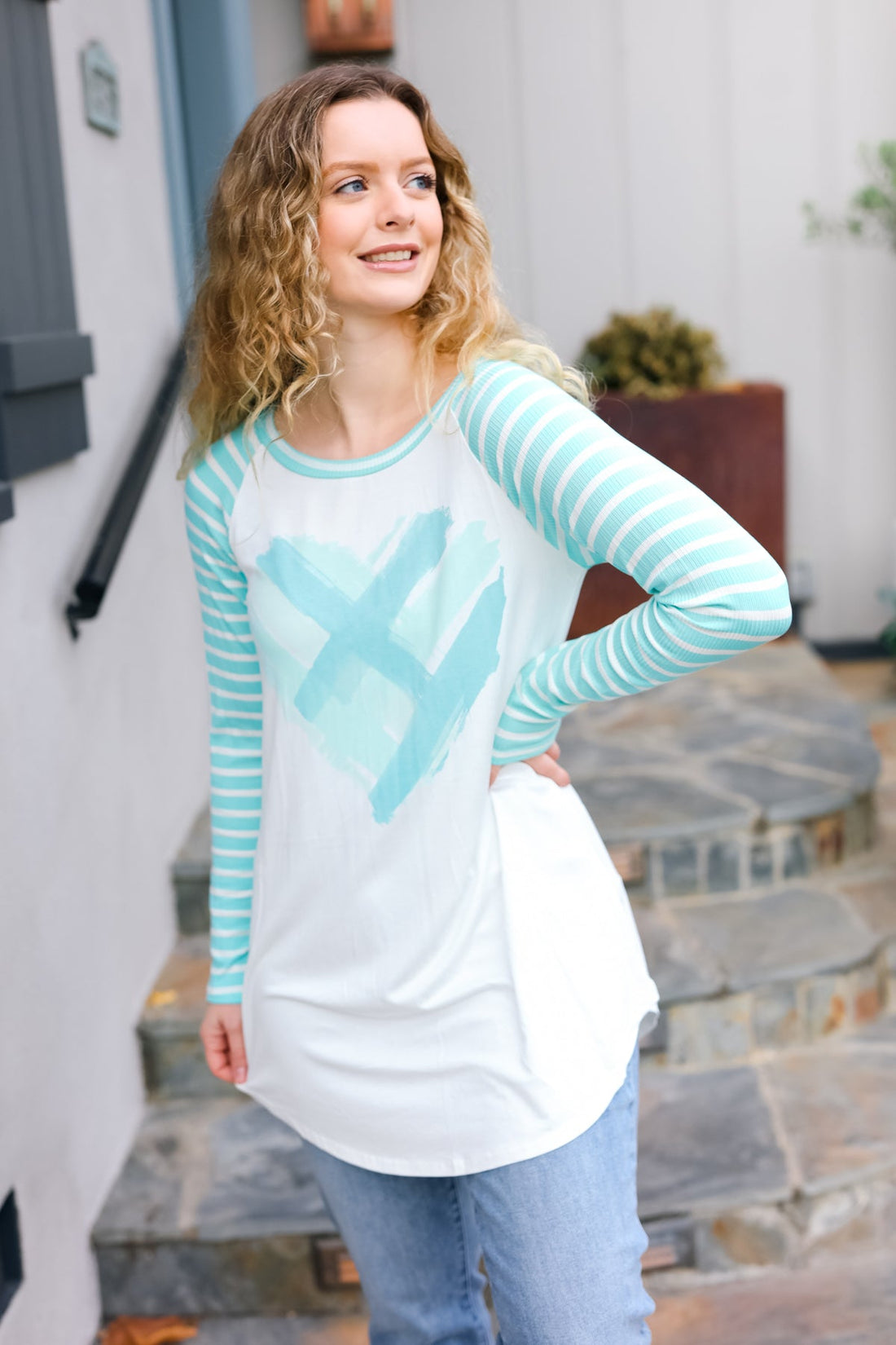 Ivory Mint Heart Printed Raglan Top