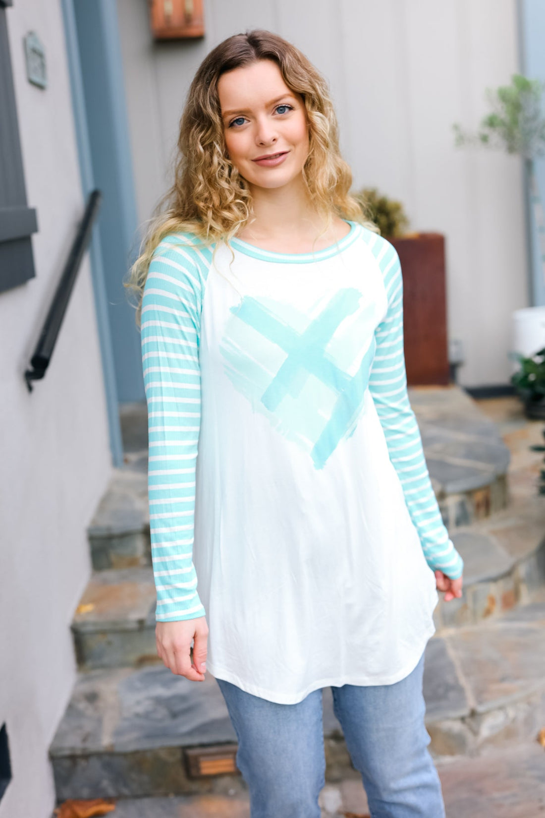 Ivory Mint Heart Printed Raglan Top