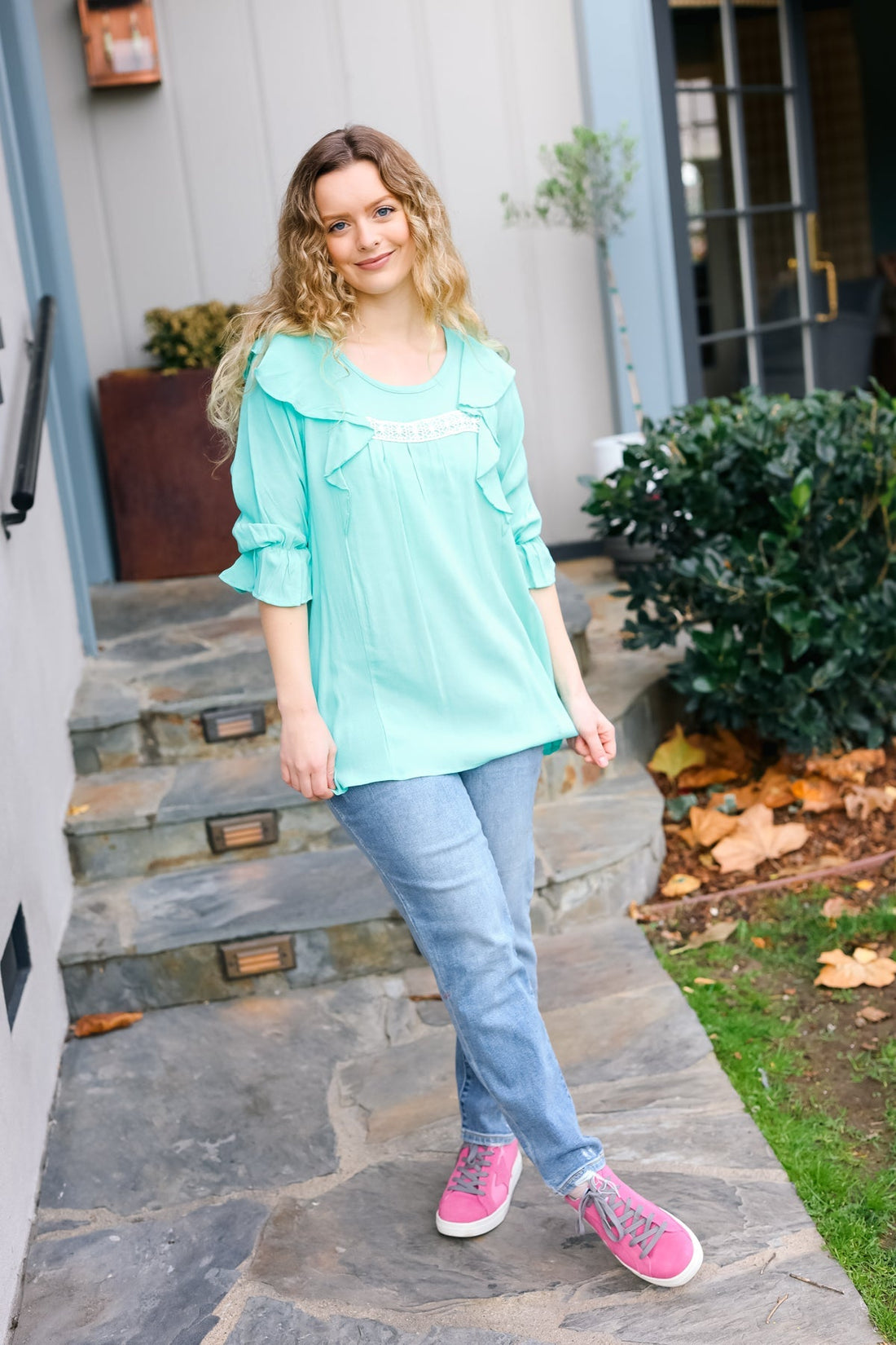 Plus Mint Lace Yoke Ruffle 3/4 Sleeve Woven Top