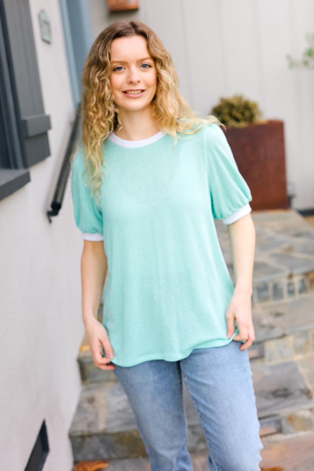 Mint Two Tone Jacquard Bubble Short Sleeve Top