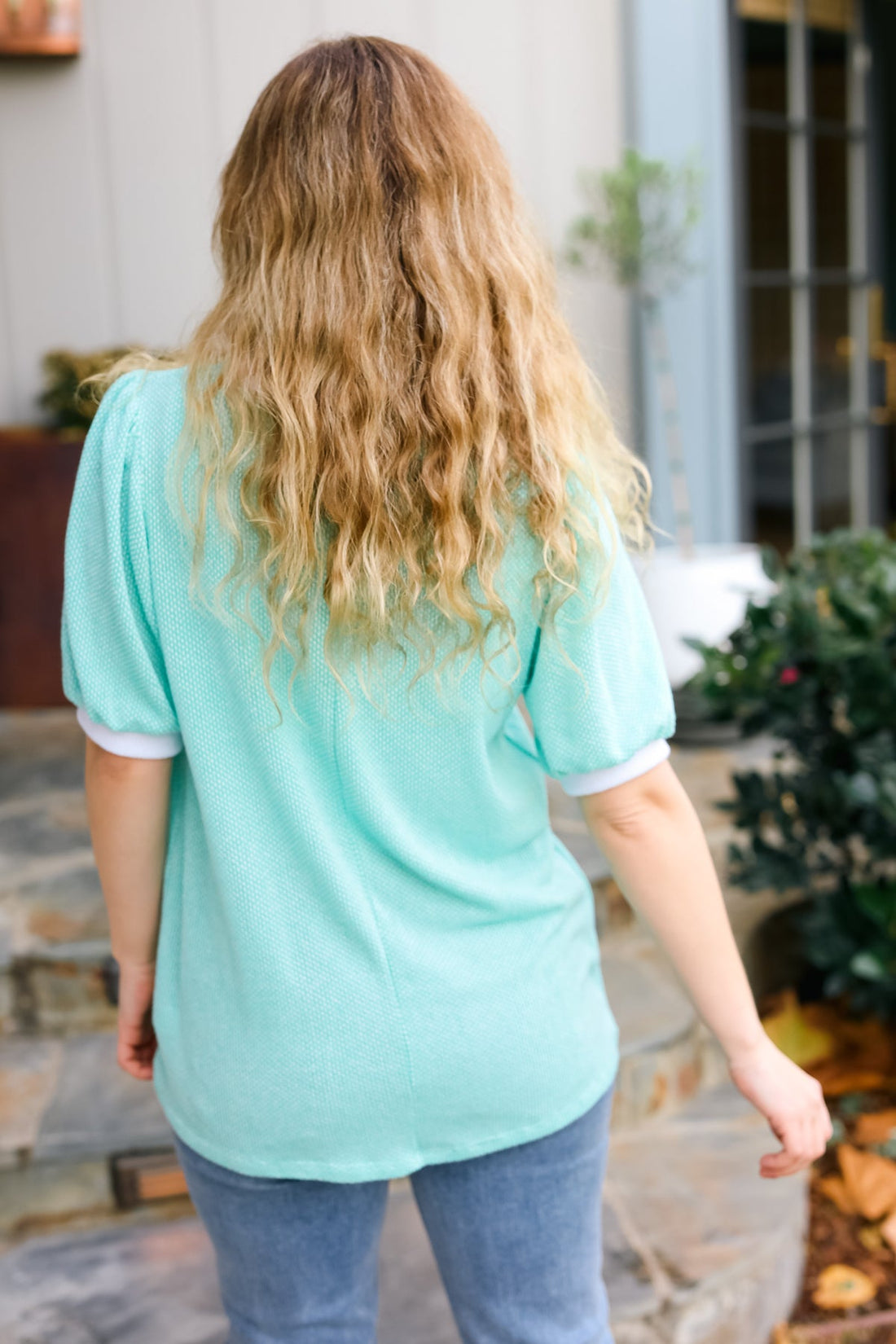 Mint Two Tone Jacquard Bubble Short Sleeve Top