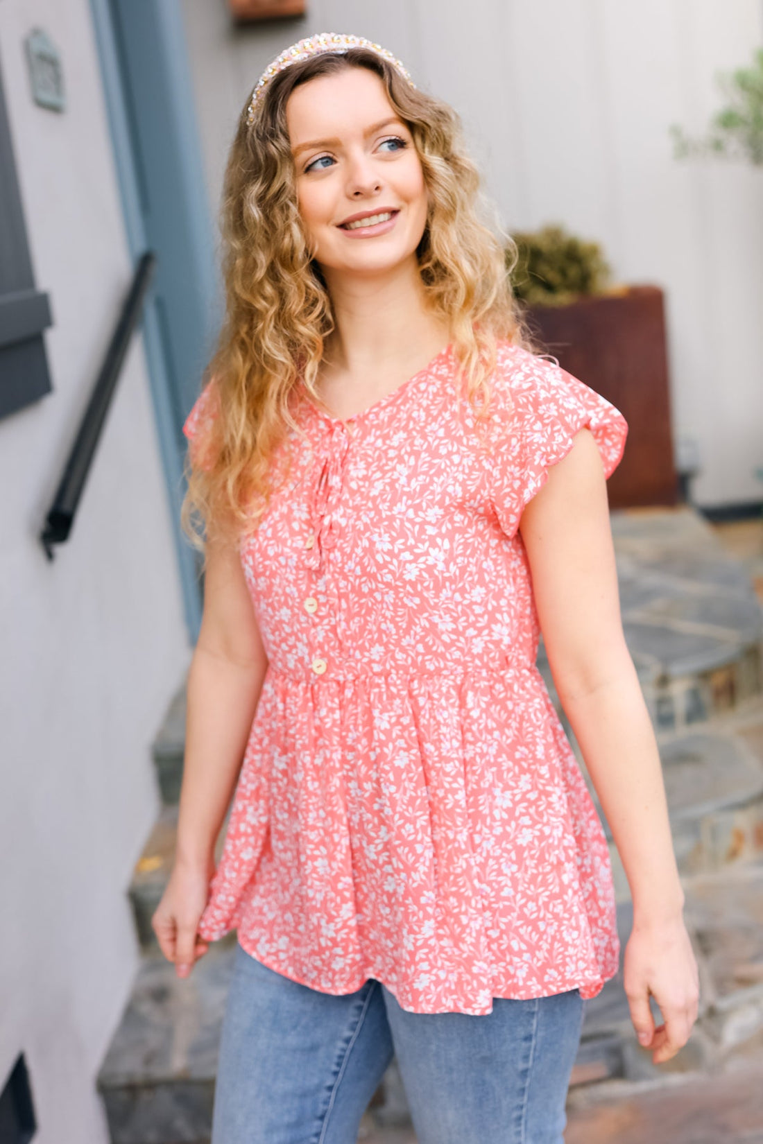 Peach V Keyhole Button Down Flutter Short Sleeve Floral Top