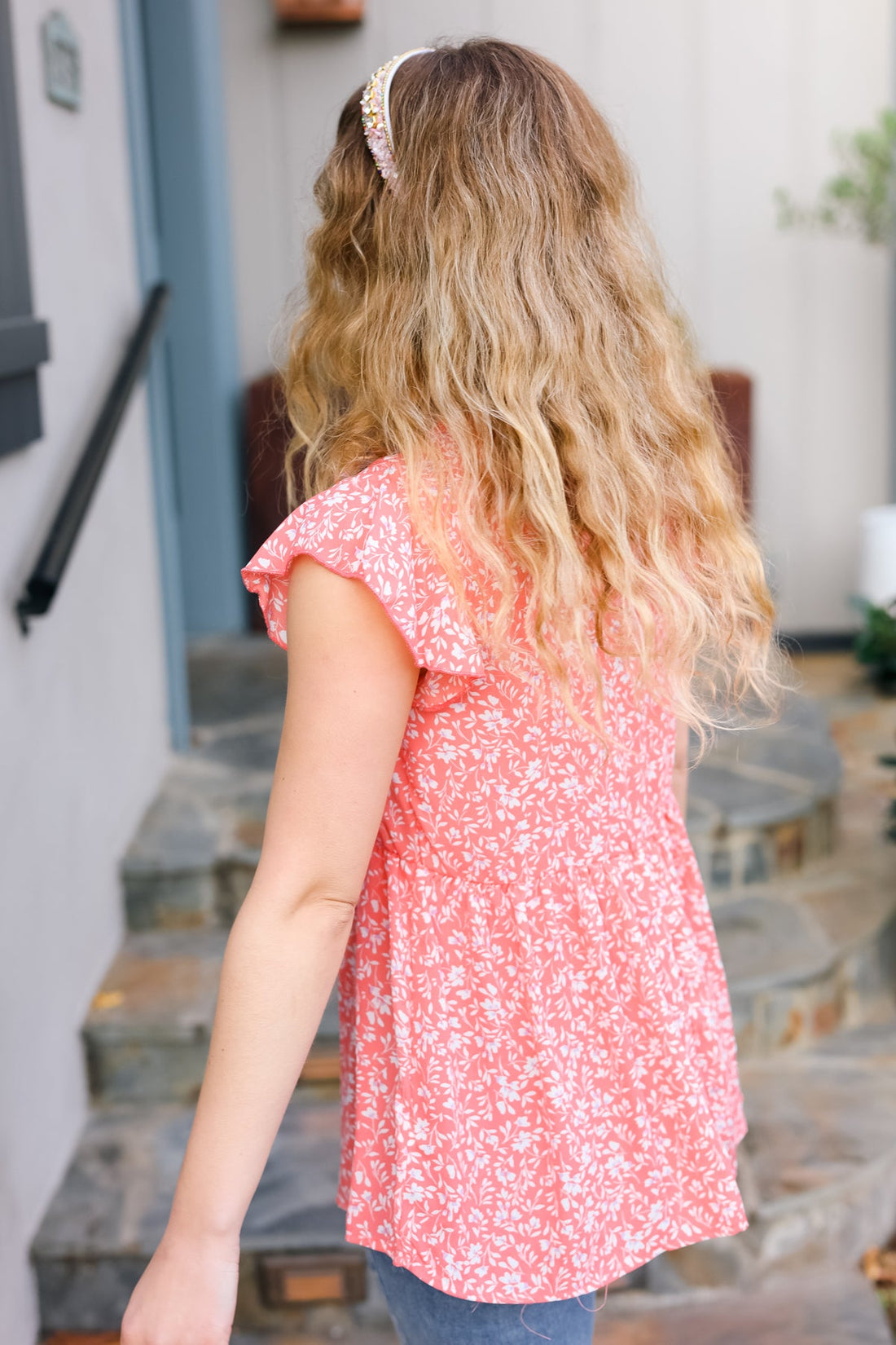 Peach V Keyhole Button Down Flutter Short Sleeve Floral Top