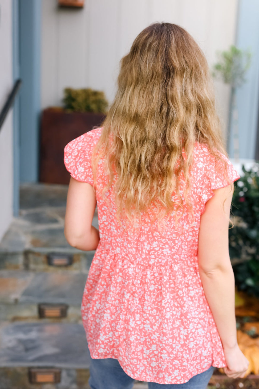 Peach V Keyhole Button Down Flutter Short Sleeve Floral Top