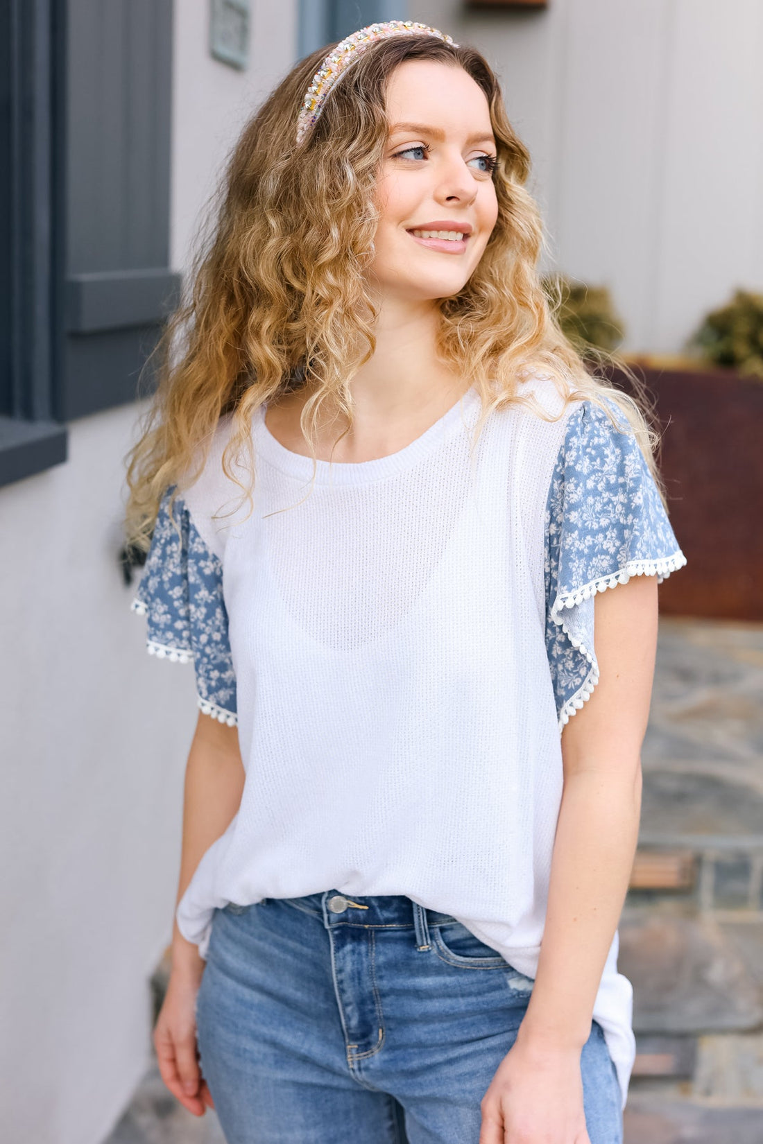 Plus White Denim Round Neck Floral Short Sleeve Pom Pom Lace Top