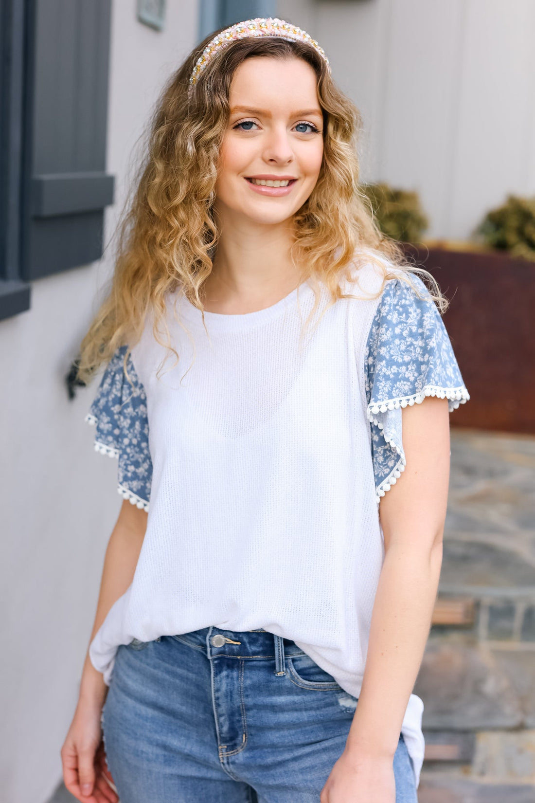 Plus White Denim Round Neck Floral Short Sleeve Pom Pom Lace Top