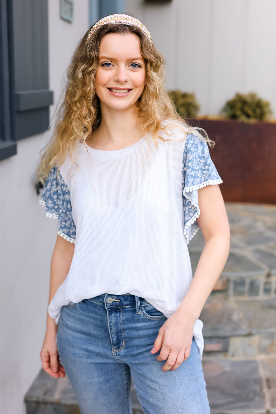 Plus White Denim Round Neck Floral Short Sleeve Pom Pom Lace Top