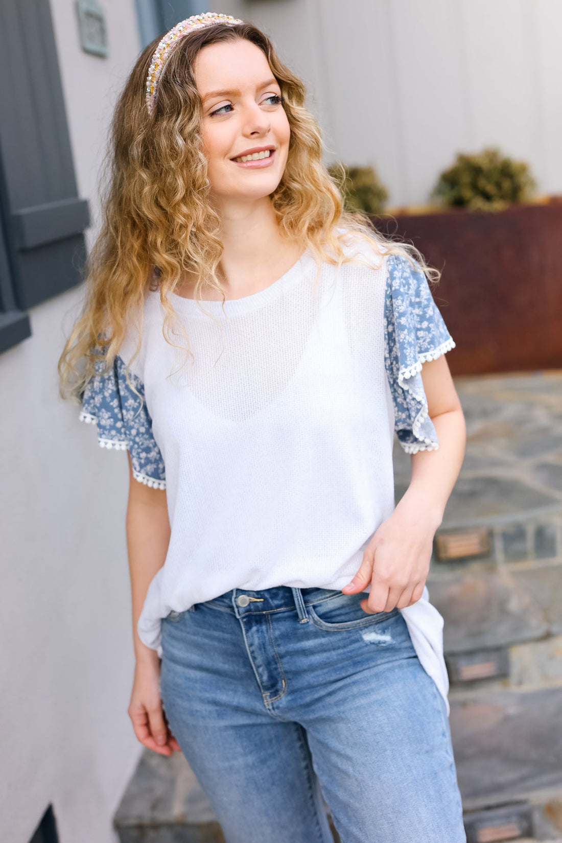 Plus White Denim Round Neck Floral Short Sleeve Pom Pom Lace Top