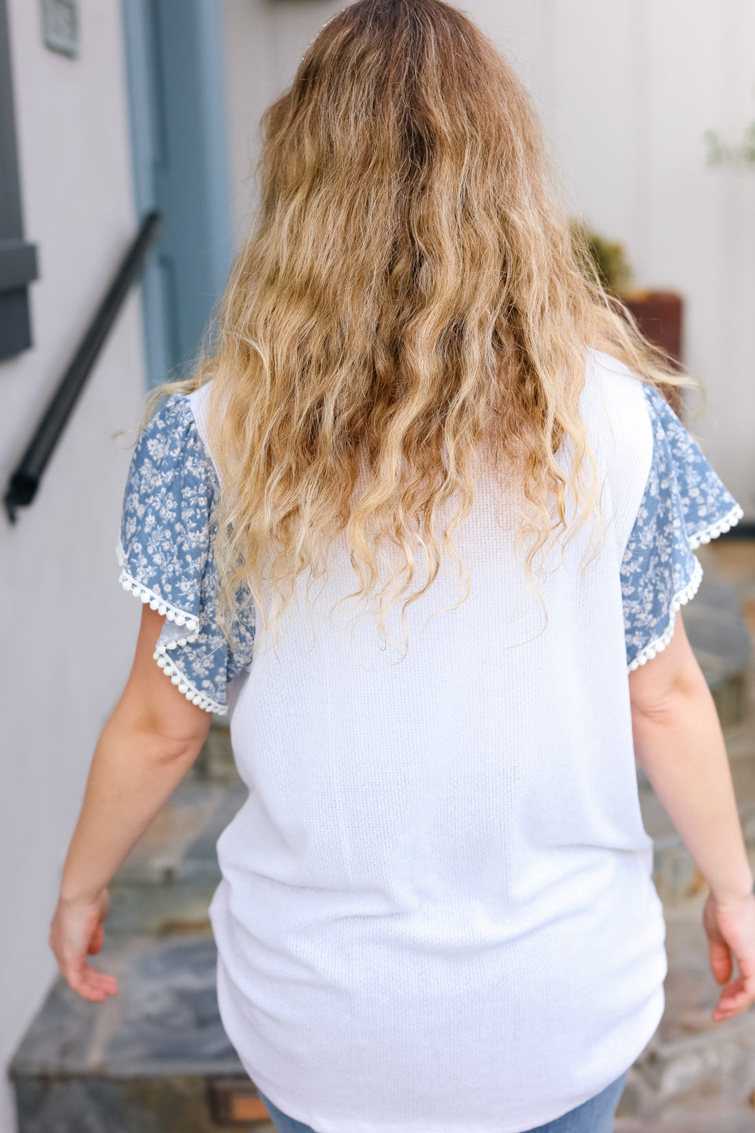 Plus White Denim Round Neck Floral Short Sleeve Pom Pom Lace Top