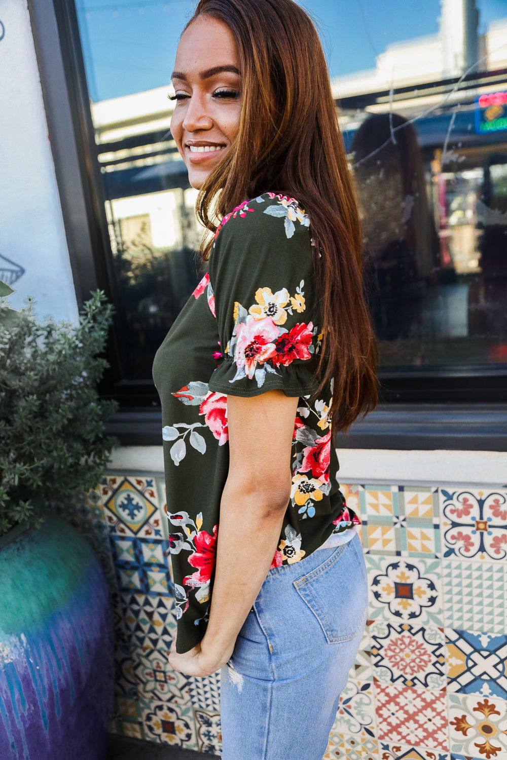 Olive Floral Ruched Sleeve Top