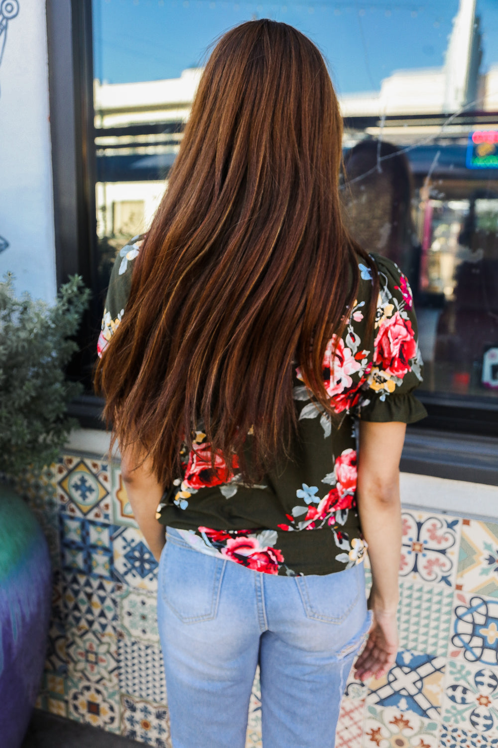 Olive Floral Ruched Sleeve Top